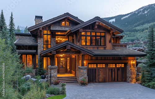 Luxurious mountain home with warm, inviting ambiance.  Large, wooden, multi-story structure with stone accents, featuring extensive windows and a spacious entryway
