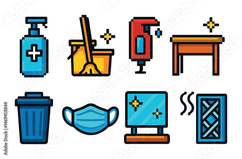 Cleaning essentials flat icons set – hygiene, sanitation, cleanliness symbols