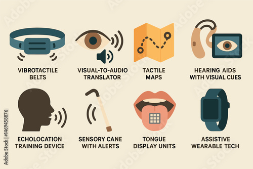 Assistive technology icons set – flat, solid, accessibility and adaptive devices symbols