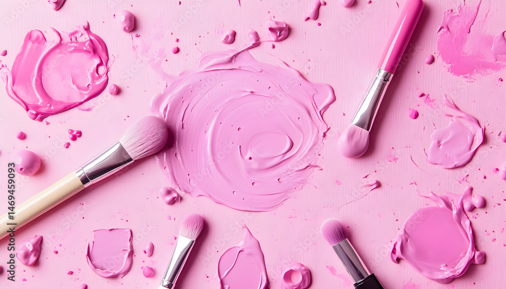 Smears of various cosmetics on a pink background, flat lay