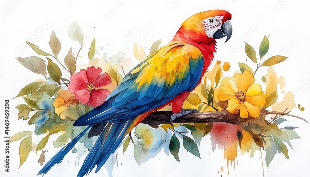 Fototapeta premium Vibrant macaw surrounded by tropical flowers and leaves