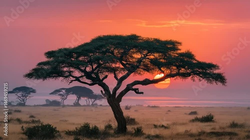 Sunrise over the African savanna, a large acacia tree silhouetted against a vibrant orange and pink sky.  Vast plains of dry grasslands stretch to the horizon