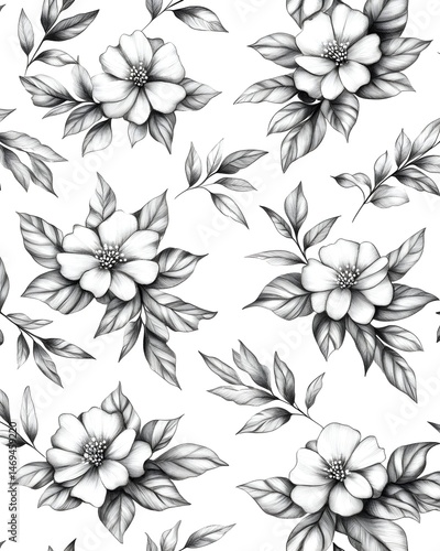 A seamless pattern of hand-drawn, black and white, delicate flowers with leaves on a white background