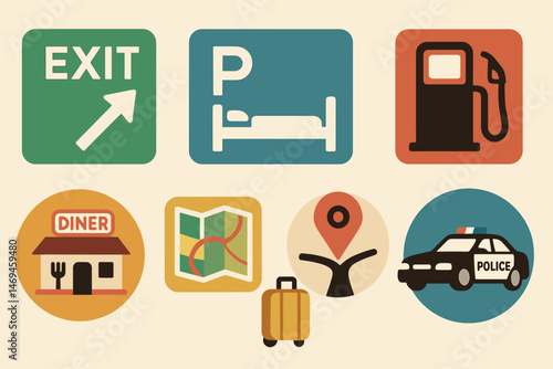 Travel and navigation icons set – filled, flat, directional and location signs