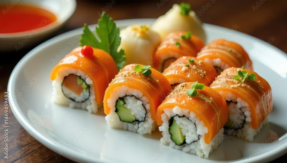 Variety of sushi rolls on white plate, wasabi, ginger, delicious, maki, photography Variety of sushi rolls on white plate, wasabi, ginger, delicious, maki, photography