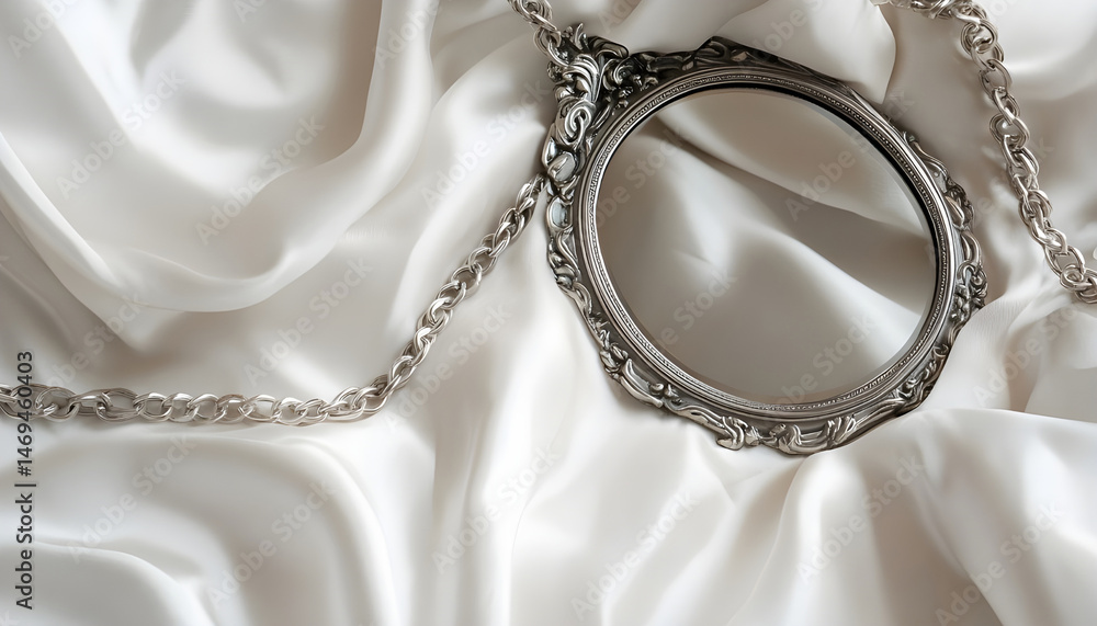 Metal chains and mirror on white fabric. Luxury jewelry