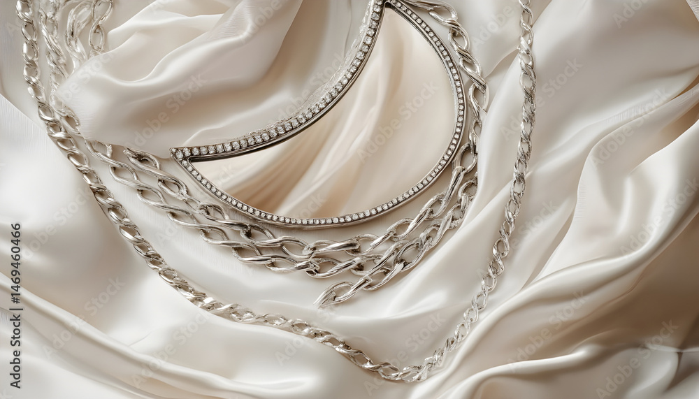 Metal chains and mirror on white fabric. Luxury jewelry