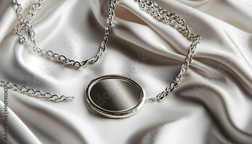 Metal chains and mirror on white fabric. Luxury jewelry