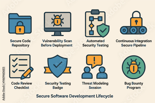 Security and software development icons set – flat, outline, protection symbols