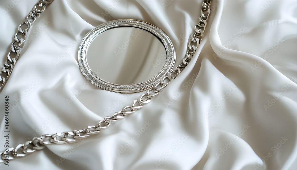 Metal chains and mirror on white fabric. Luxury jewelry