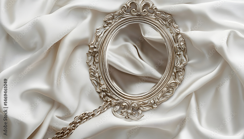 Metal chains and mirror on white fabric. Luxury jewelry