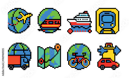 Transportation and travel icons set – pixel art, vehicle, logistics symbols