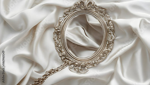Obraz na płótnie Metal chains and mirror on white fabric. Luxury jewelry w salonie