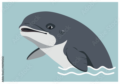 A charming vaquita portrait with coastal elements. Clean, modern illustration style. Ideal for nature, wildlife, or educational materials.