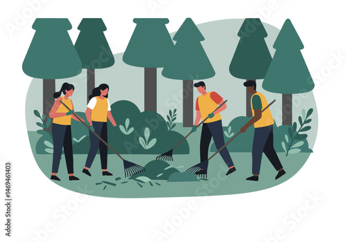 Diverse volunteers clean a forest habitat, working together with rakes. A vibrant, optimistic scene showcasing community engagement and environmental stewardship.