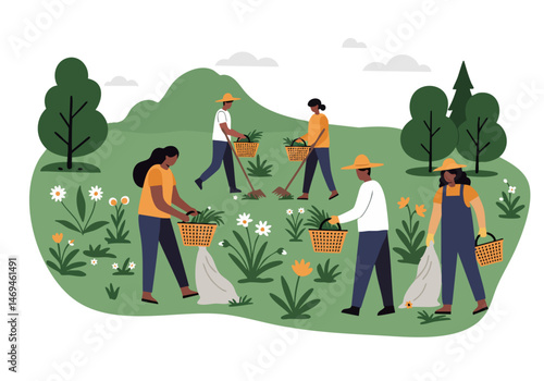 Diverse volunteers clean a habitat, working together in a scenic outdoor setting. A vibrant illustration showcasing community and environmental stewardship.
