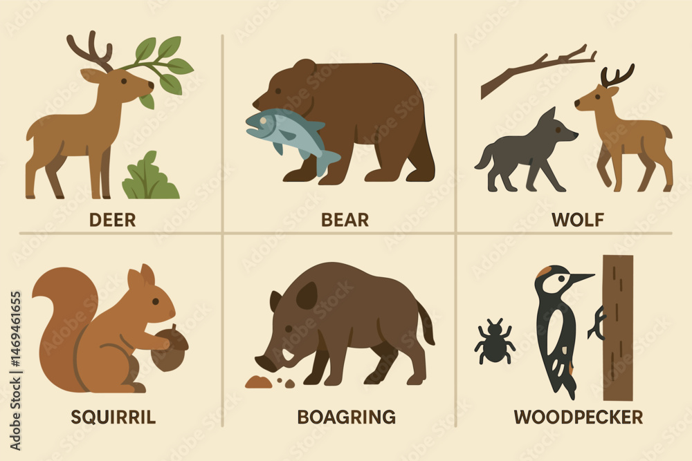 Obraz premium Forest animals flat icons set – wildlife, nature, woodland symbols