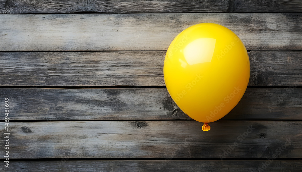 Popped yellow balloon on wooden background, top view with space for text