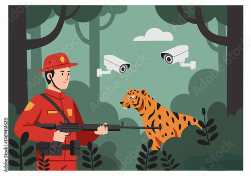 Forest rangers combat poaching with advanced technology, safeguarding a majestic tiger. A dynamic scene of conservation and protection.