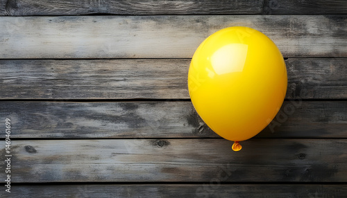Obraz na płótnie Popped yellow balloon on wooden background, top view with space for text w salonie