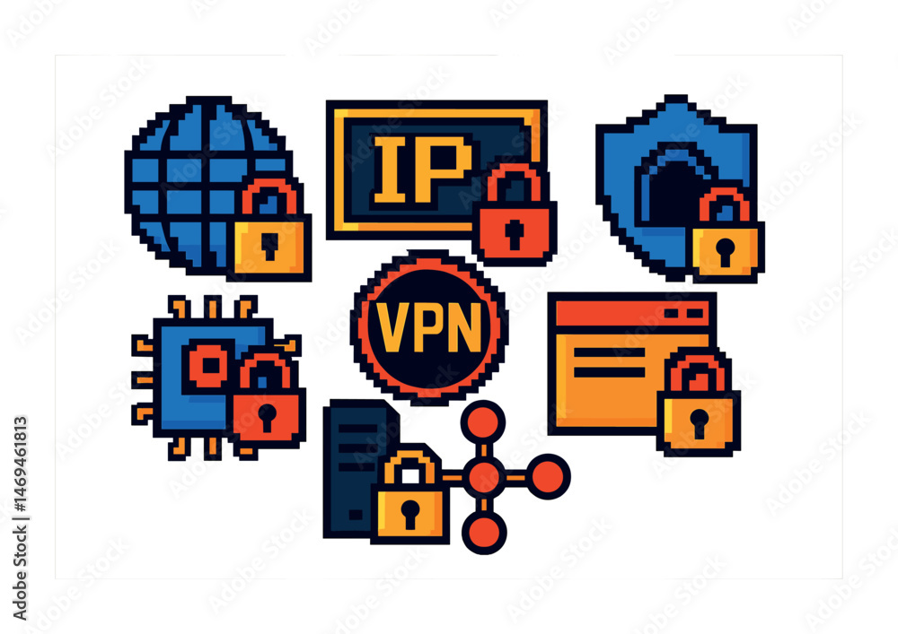 Fototapeta premium Cybersecurity pixel art icons set – vpn, protection, secure network symbols