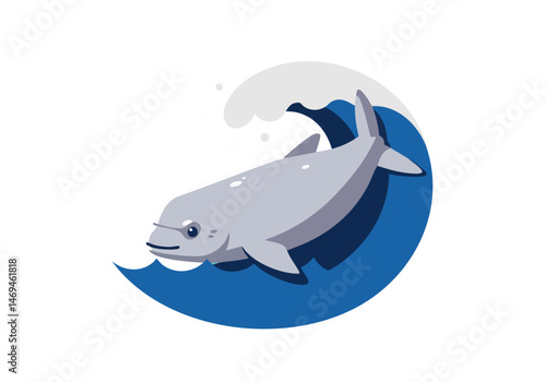 A stylized dolphin swims through a wave, representing endangered species. Clean, modern illustration with a blue background. Ideal for environmental campaigns.