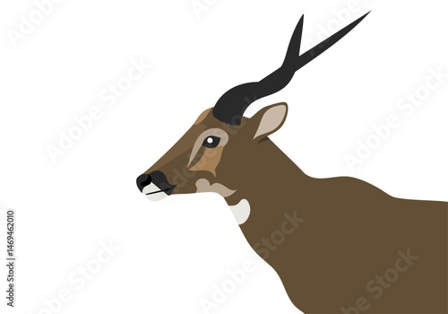 A stylized vector illustration of a male situtati antelope, showcasing its distinctive horns and markings. Clean, modern design with a muted color palette. Ideal for endangered species icons.