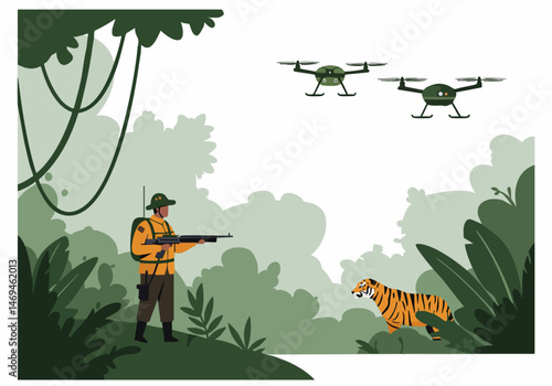 Anti-poaching patrol utilizes drones to protect wildlife. A ranger monitors a tiger in a lush jungle setting. Modern technology combats illegal hunting.