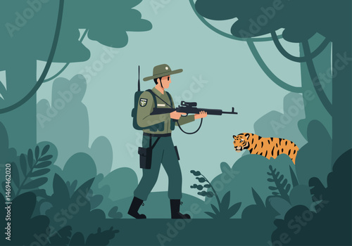 Anti-poaching patrol with technoon technology safeguards a majestic tiger in a lush jungle. A vigilant officer monitors the wildlife, showcasing conservation efforts.