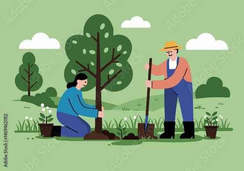 Two people plant a tree together in a scenic outdoor setting. A community tree-planting event, showcasing teamwork and environmental stewardship. Bright, cheerful illustration.