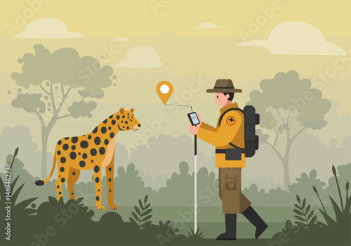 A wildlife ranger uses technology to track a leopard in a savanna setting.  Illustrative, modern style.  Focus on conservation and anti-poaching efforts.