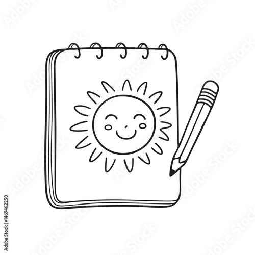 A smiling sun drawn inside sketchbook page with a pencil beside it