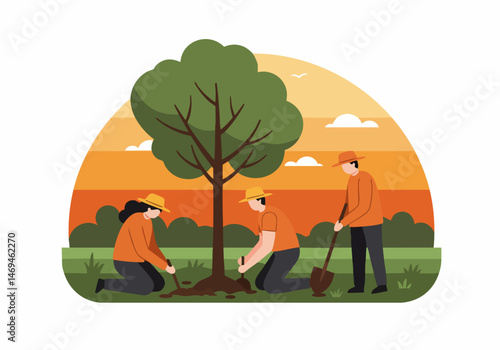 Volunteers plant a tree together in a community event. A vibrant scene of teamwork and environmental action under a warm sunset. Ideal for sustainability and community themes.