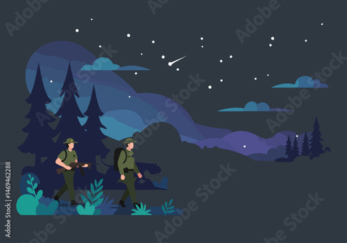 Wildlife Rangers patrol a dark forest under a starry sky. Two rangers hike through the trees, maintaining the wilderness. A serene and protective scene.