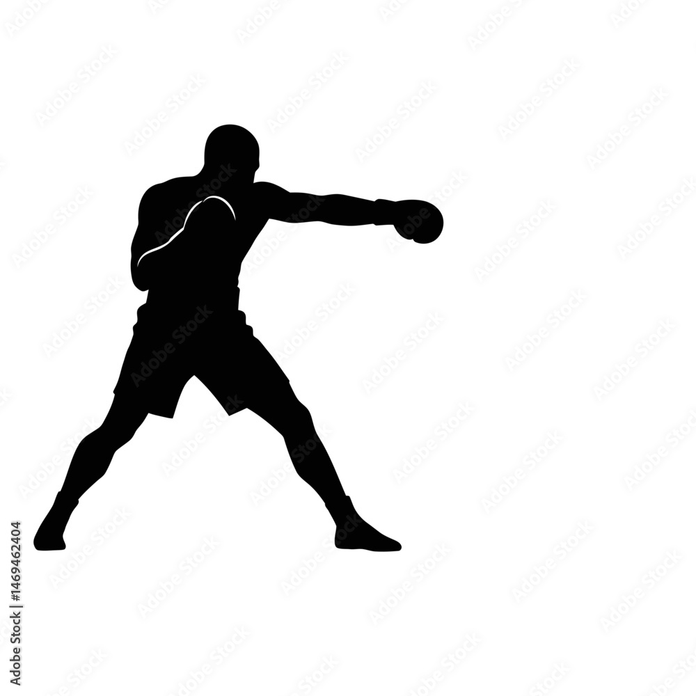 Powerful Boxer Silhouette Unleashing a Strong Right Hook Punch During Combat Action Powerful Boxer Silhouette Unleashing a Strong Right Hook Punch During Combat Action