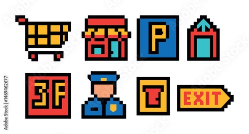 Shopping and store pixel art icons set – isometric, retail, mall graphics