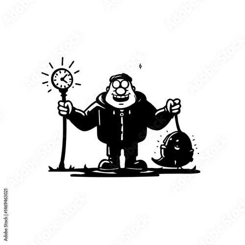 Humorous character interacting with a sentient object and clock in stylized illustration