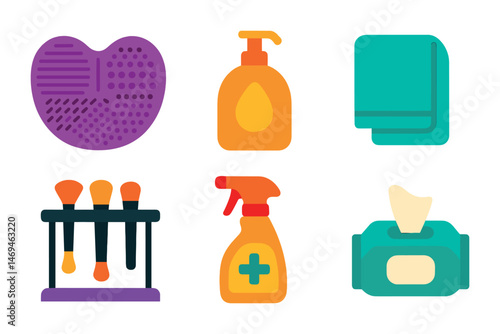 Cleaning tools icons set – flat, silhouette, housekeeping and sanitation symbols