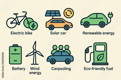 Eco-friendly energy icons set – outline, renewable, sustainable resources