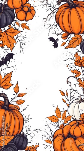 Autumnal Halloween frame with pumpkins, leaves, and bats