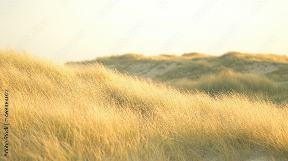 Obraz premium Golden Grasses on Coastal Dunes Under Sunlight at Ground Level with Out of Focus Background Showing Details Textures Soft Glow and Beautiful Summer Scenery