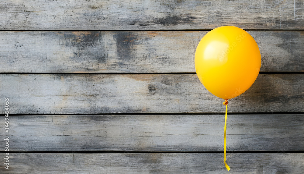 Popped yellow balloon on wooden background, top view with space for text