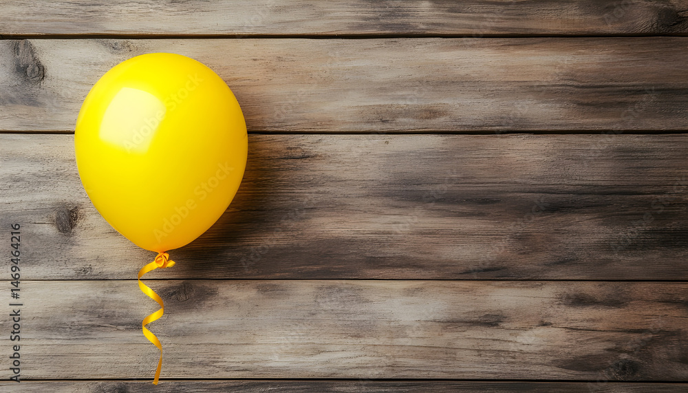 Popped yellow balloon on wooden background, top view with space for text