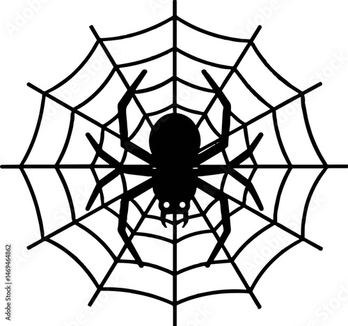 Black tarantula spider on web in minimalist style  