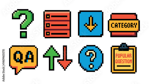 Question and answer pixel art icons set – query, faq, help symbols