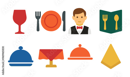 Restaurant and dining flat icons set – food, culinary, meal preparation graphics