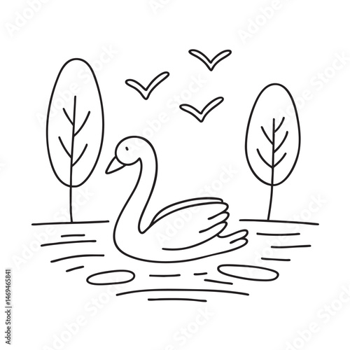 A swan gliding across still water under trees with birds fly above