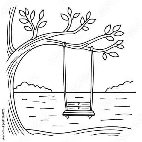 A swing hanging on tree branch over a quite lake