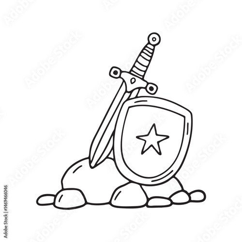 A sword with solid shield lying on a stone