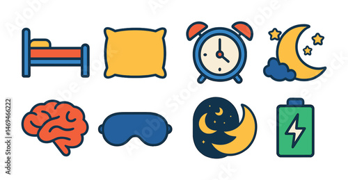 Sleep and rest icons set – flat, bedtime, night and relaxation graphics